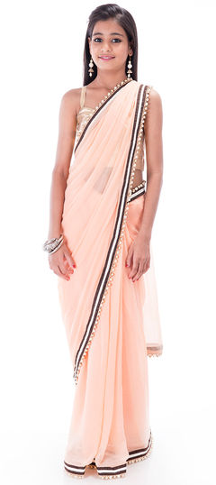 201224: Beige and Brown color Kids Saree in Georgette fabric with Lace, Moti work