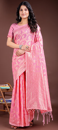 Pink and Majenta color Saree in Linen fabric with Weaving work