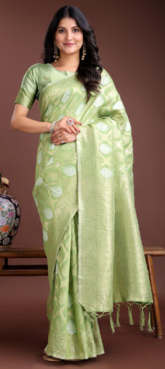 Green color Saree in Cotton fabric with Weaving work