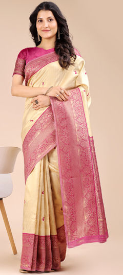 Beige and Brown, Pink and Majenta color Saree in Banarasi Silk fabric with Weaving, Zari work