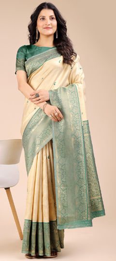 Beige and Brown, Green color Saree in Banarasi Silk fabric with Weaving, Zari work