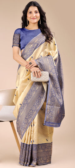 Beige and Brown, Blue color Saree in Banarasi Silk fabric with Weaving, Zari work