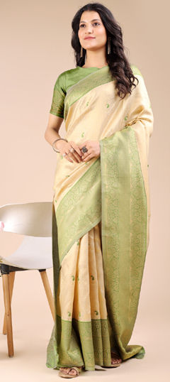 Beige and Brown, Green color Saree in Banarasi Silk fabric with Weaving, Zari work