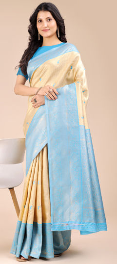 Beige and Brown, Blue color Saree in Banarasi Silk fabric with Weaving, Zari work