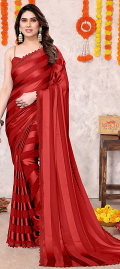 Red and Maroon color Saree in Georgette fabric with Lace work