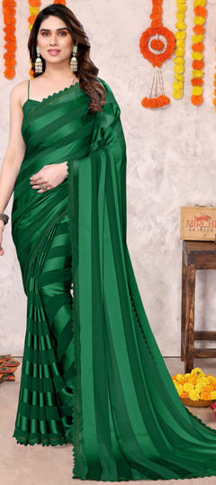 Green color Saree in Georgette fabric with Lace work