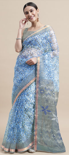 Blue, White and Off White color Saree in Kota Doria Silk fabric with Printed work
