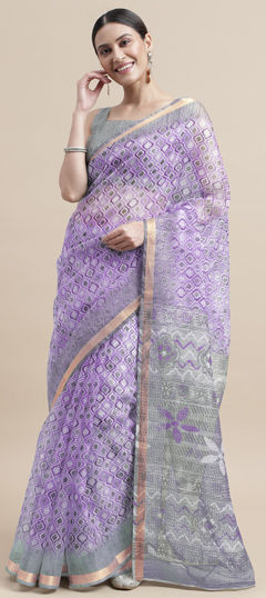 Purple and Violet, White and Off White color Saree in Kota Doria Silk fabric with Printed work
