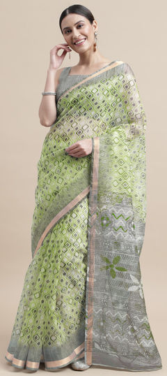 Green, White and Off White color Saree in Kota Doria Silk fabric with Printed work