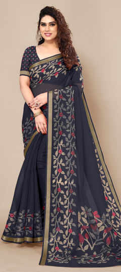 Blue color Saree in Kota Doria Silk fabric with Floral, Printed work