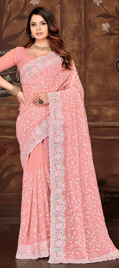 Pink and Majenta color Saree in Georgette fabric with Embroidered, Resham, Sequence, Thread work