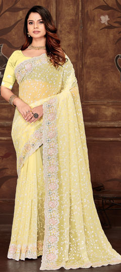 Yellow color Saree in Georgette fabric with Embroidered, Resham, Sequence, Thread work