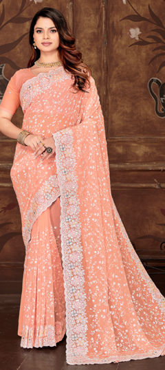 Pink and Majenta color Saree in Georgette fabric with Embroidered, Resham, Sequence, Thread work
