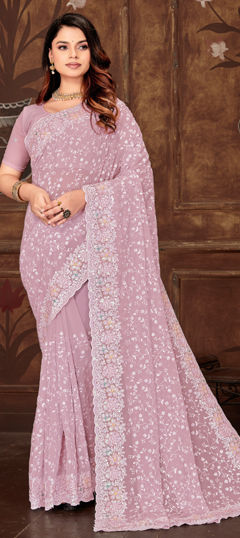 Purple and Violet color Saree in Georgette fabric with Embroidered, Resham, Sequence, Thread work