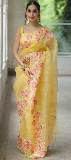 Yellow color Saree in Organza Silk fabric with Embroidered, Thread work