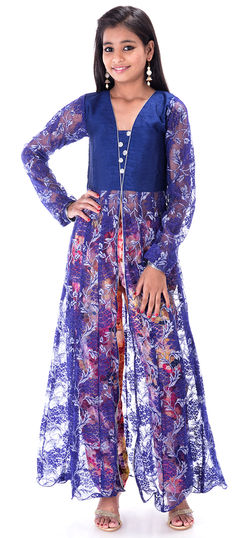 Casual Blue color Kids Salwar in Cotton, Half Net, Silk, Velvet fabric with Fancy Work, Floral, Printed, Valvet work : 201228