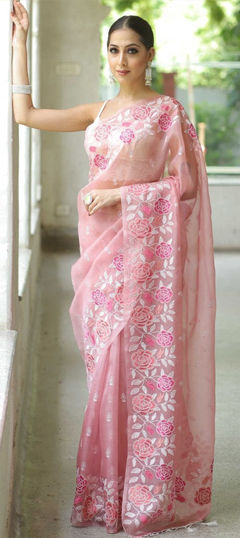 Pink and Majenta color Saree in Organza Silk fabric with Embroidered, Thread work
