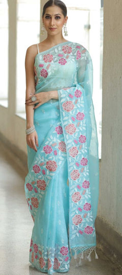 Blue color Saree in Organza Silk fabric with Embroidered, Thread work