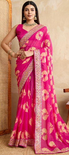 Pink and Majenta color Saree in Georgette fabric with Border, Embroidered, Printed, Thread, Tye n Dye work