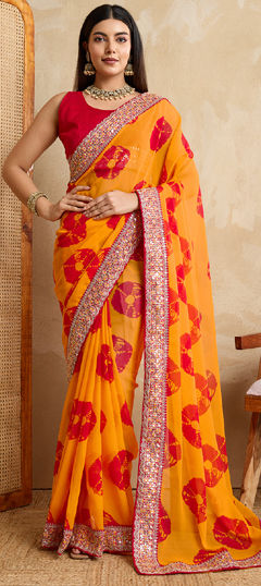 Yellow color Saree in Georgette fabric with Border, Embroidered, Printed, Thread, Tye n Dye work