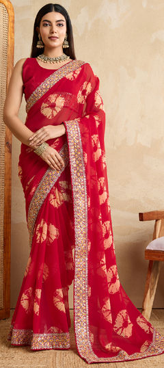 Red and Maroon color Saree in Georgette fabric with Border, Embroidered, Printed, Thread, Tye n Dye work