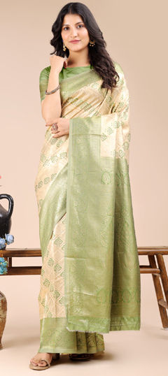 Beige and Brown, Green color Saree in Banarasi Silk fabric with Weaving work