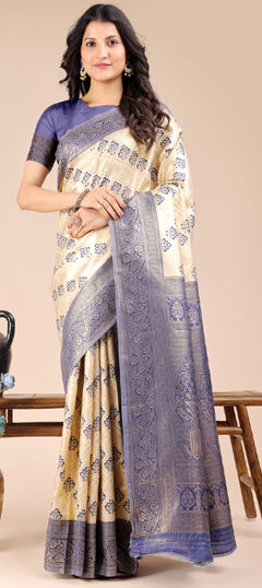Beige and Brown, Blue color Saree in Banarasi Silk fabric with Weaving work