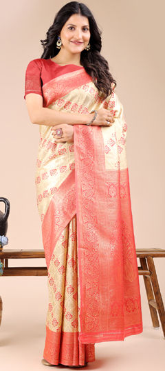 Beige and Brown, Red and Maroon color Saree in Banarasi Silk fabric with Weaving work