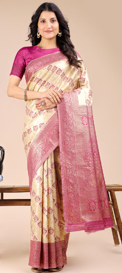 Beige and Brown, Pink and Majenta color Saree in Banarasi Silk fabric with Weaving work