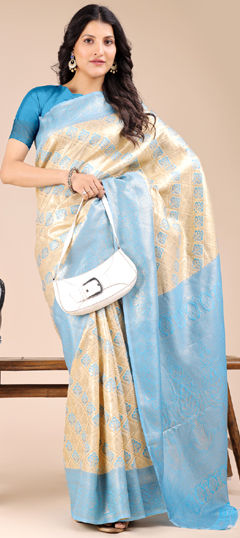 Beige and Brown, Blue color Saree in Banarasi Silk fabric with Weaving work