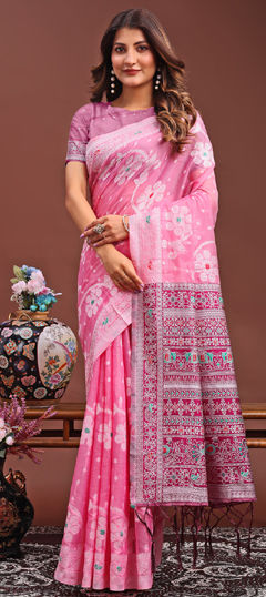 Pink and Majenta color Saree in Linen fabric with Printed work