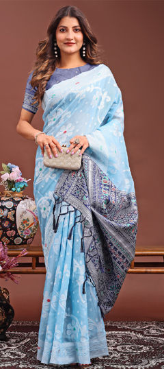 Blue color Saree in Linen fabric with Weaving work