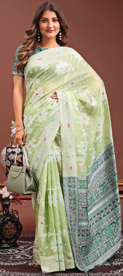 Green color Saree in Linen fabric with Printed work