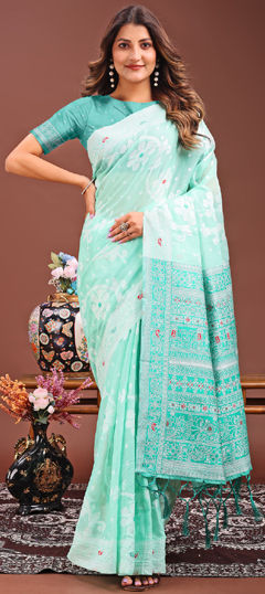 Green color Saree in Linen fabric with Printed work