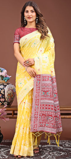 Yellow color Saree in Linen fabric with Printed work