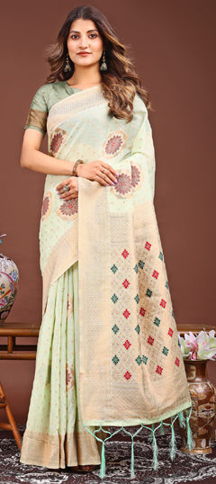 Green color Saree in Linen fabric with Printed, Weaving work