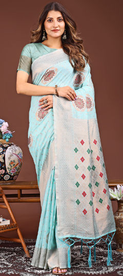 Blue color Saree in Linen fabric with Printed, Weaving work