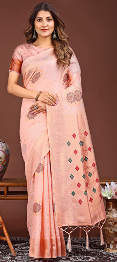 Pink and Majenta color Saree in Linen fabric with Printed, Weaving work