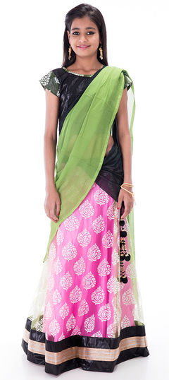 Black and Grey, Green, Pink and Majenta color Kids Lehenga in Brasso, Half Net, Shimmer fabric with Border, Floral, Lace work : 201233