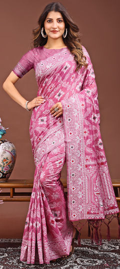 Pink and Majenta color Saree in Linen fabric with Printed work