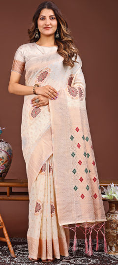 White and Off White color Saree in Linen fabric with Printed, Weaving work