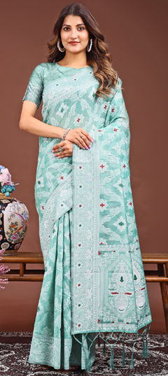 Green color Saree in Linen fabric with Printed work