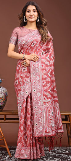 Pink and Majenta color Saree in Linen fabric with Printed work