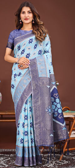 Blue color Saree in Linen fabric with Printed, Weaving work