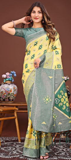 Yellow color Saree in Linen fabric with Printed, Weaving work