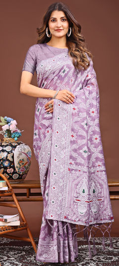 Purple and Violet color Saree in Linen fabric with Printed work