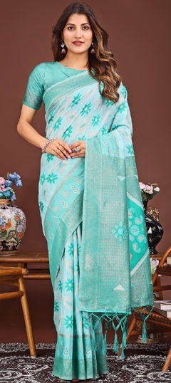 Green color Saree in Linen fabric with Printed, Weaving work