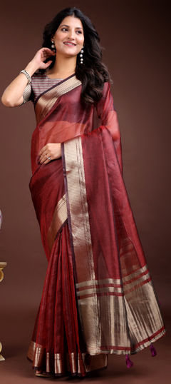 Red and Maroon color Saree in Organza Silk fabric with Weaving work