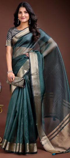 Green color Saree in Organza Silk fabric with Weaving work