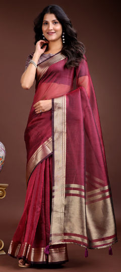 Pink and Majenta color Saree in Organza Silk fabric with Weaving work